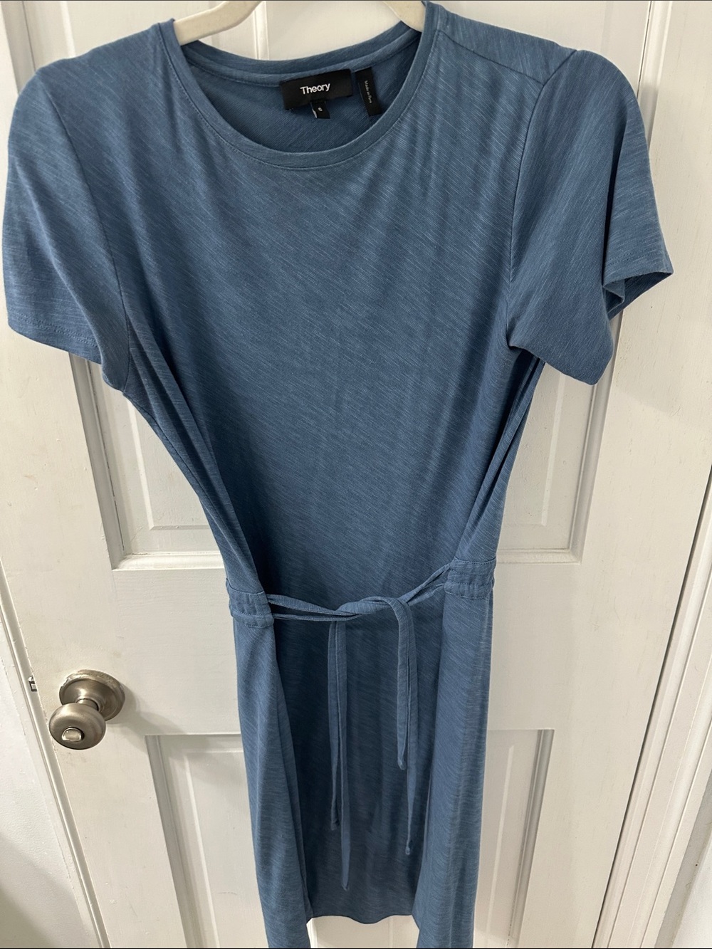 Theory Dusty Blue Tie-Waist Crewneck Dress
